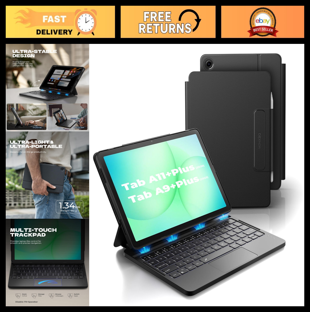 Ultra-Light Keyboard Case for Samsung Galaxy Tab A11+/A9+ Plus - Slim & Durable