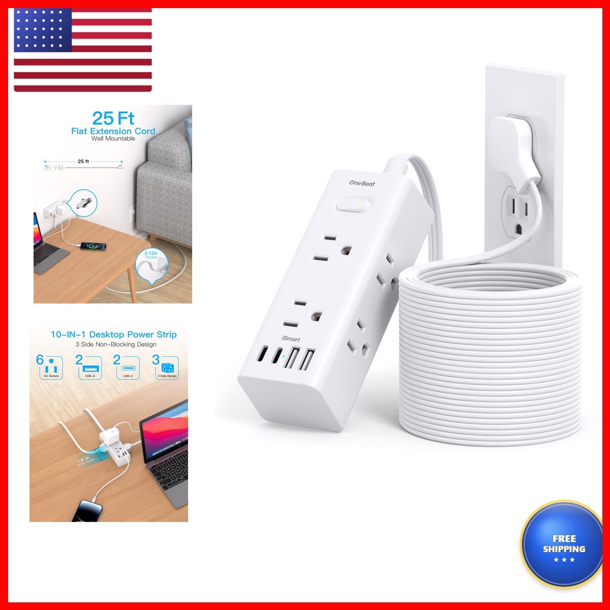 One Beat 25Ft Extension Cord Multiple Outlets,Flat Plug Power Strip OB6W3C
