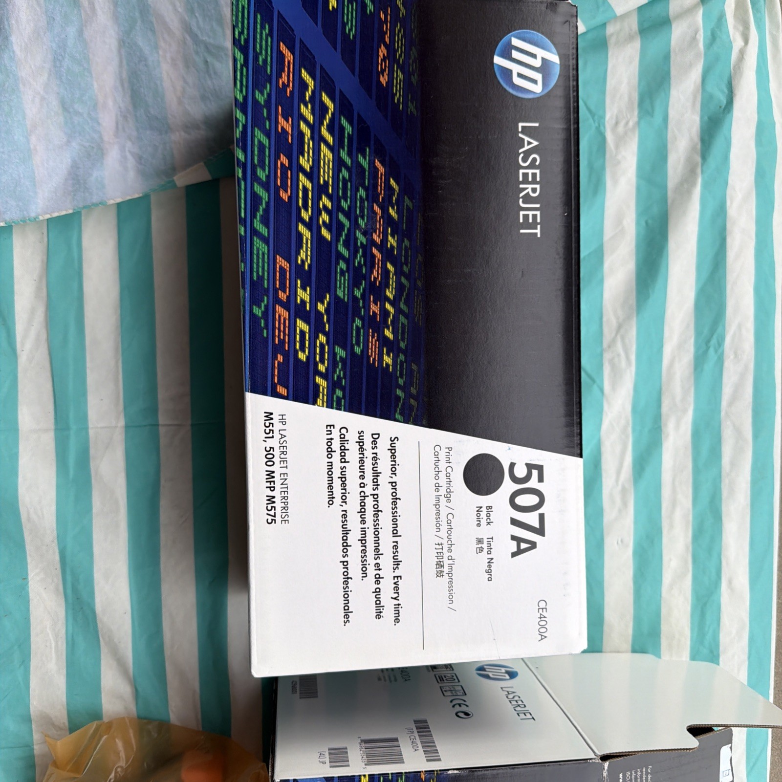 TWO HP 507A (CE400A) Black Toner Cartridge Plus One Sealed Open Box