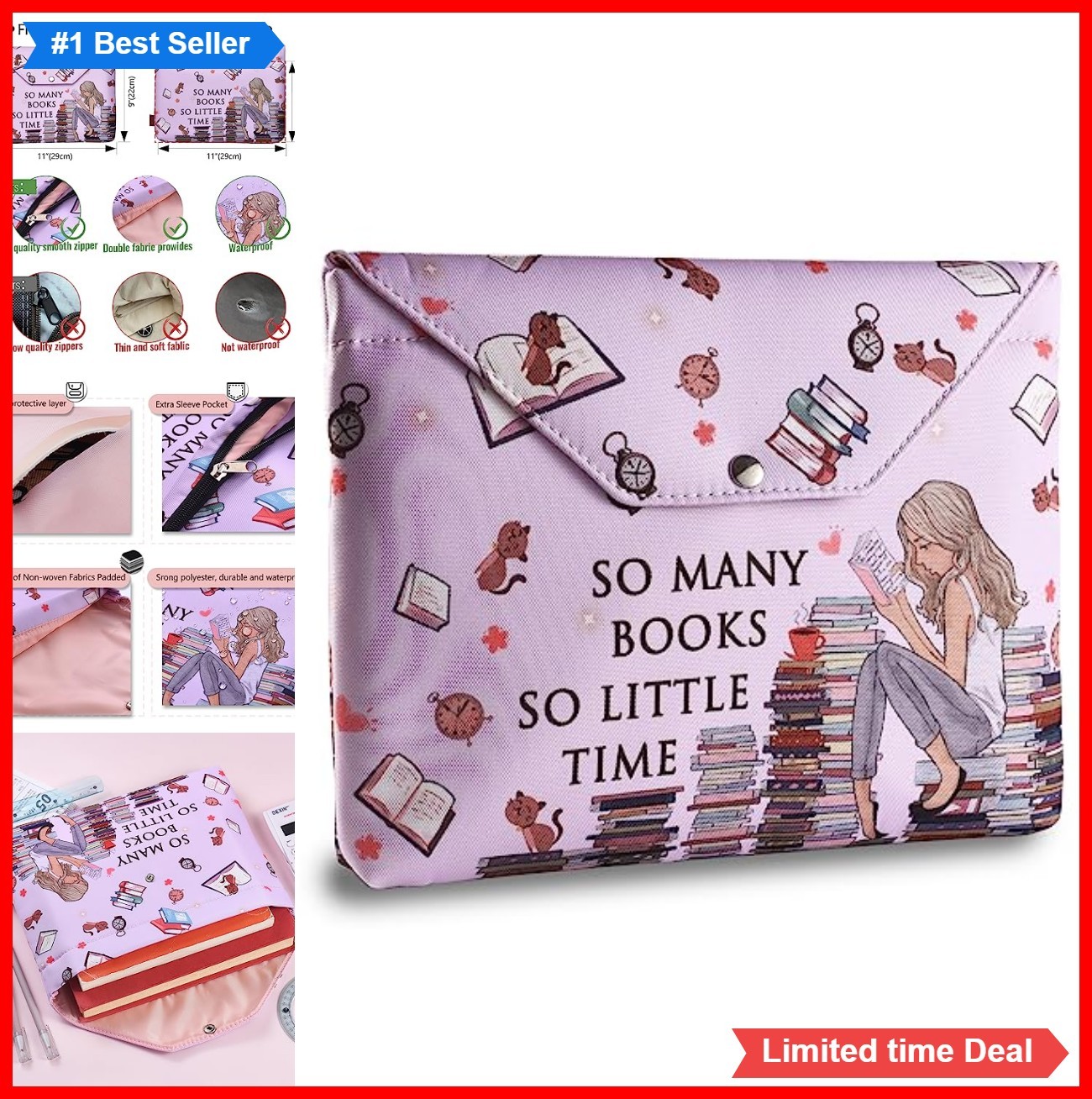 Padded Book Sleeve 11 x 9 Inch Zipper 600D Canvas Washable Protector Pouch