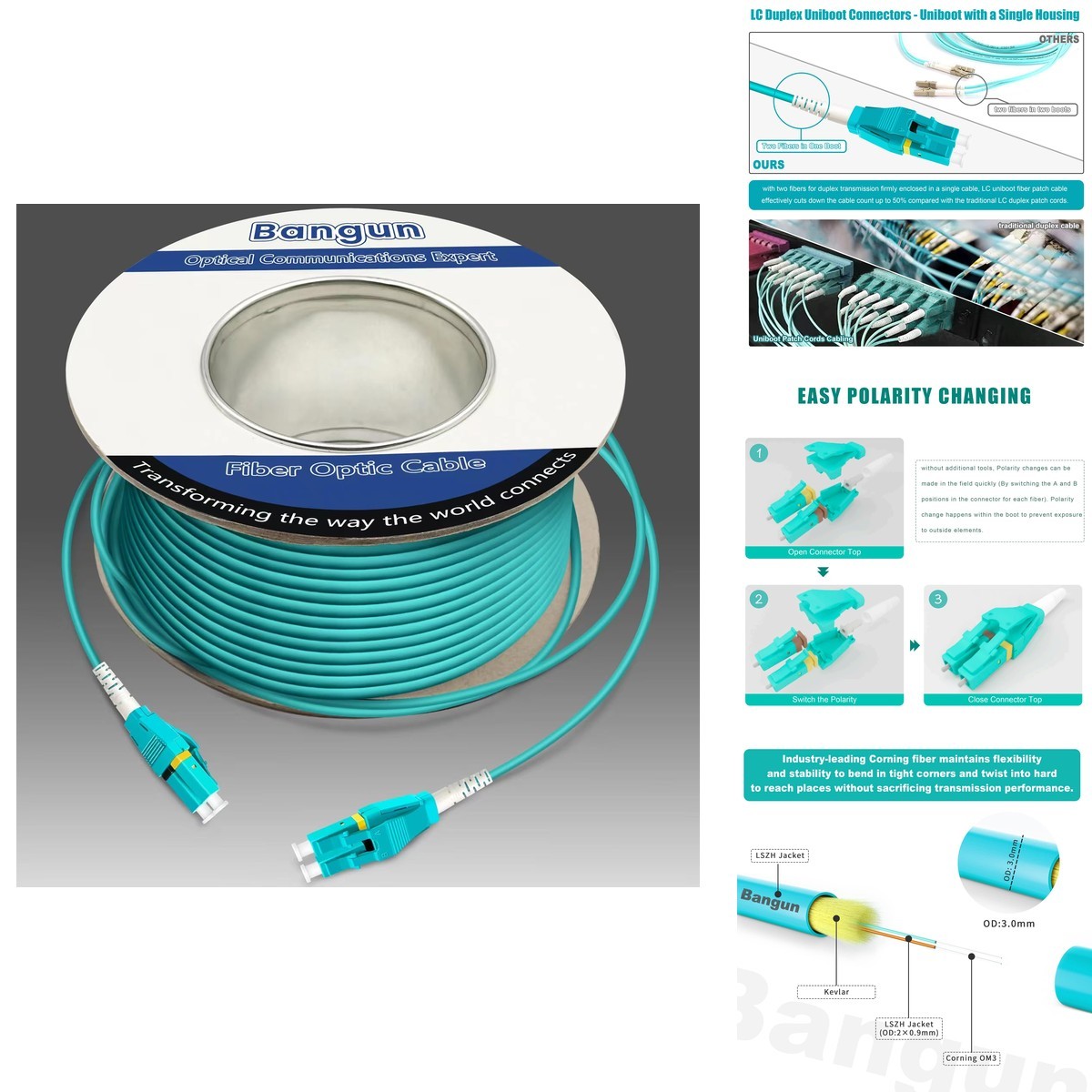 Bangun 400ft (122M) OM3 LC to LC Fiber Optic Cable Duplex 50/125 LSZH Aqua