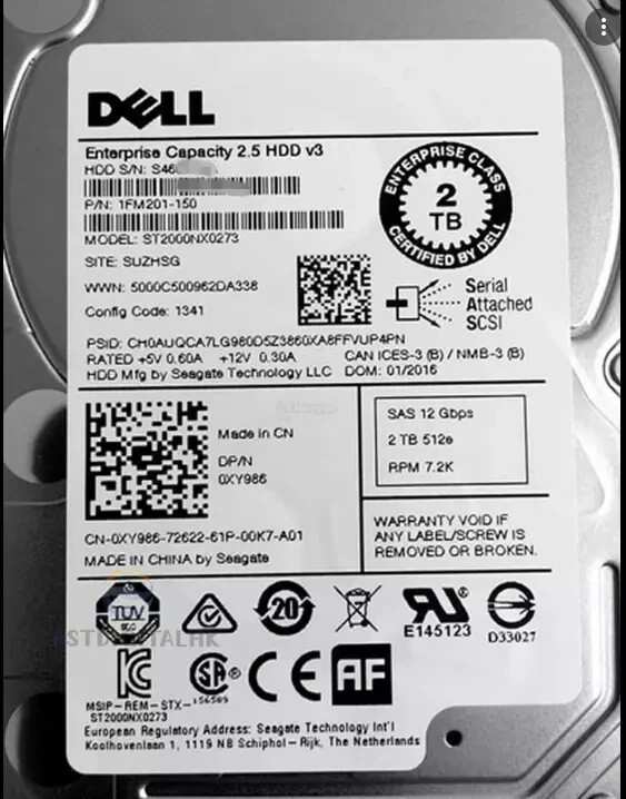 New Dell XY986 0XY986 ST2000NX0273 2TB 7.2K SAS 12GB/s 128MB 2.5" Hard Drive