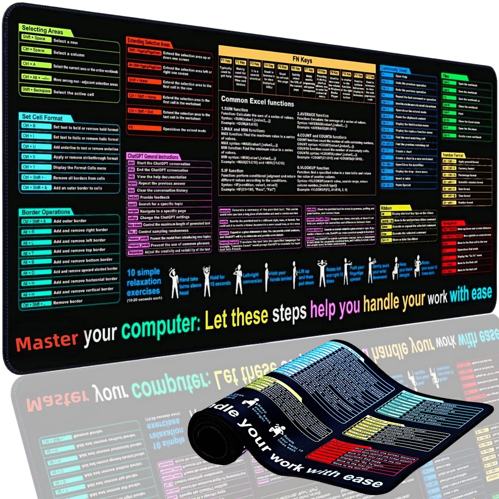 Excel Cheat Sheet Desk Pad Mat (11.8x31.5in) - XL Excel Formulas Shotcuts Mou