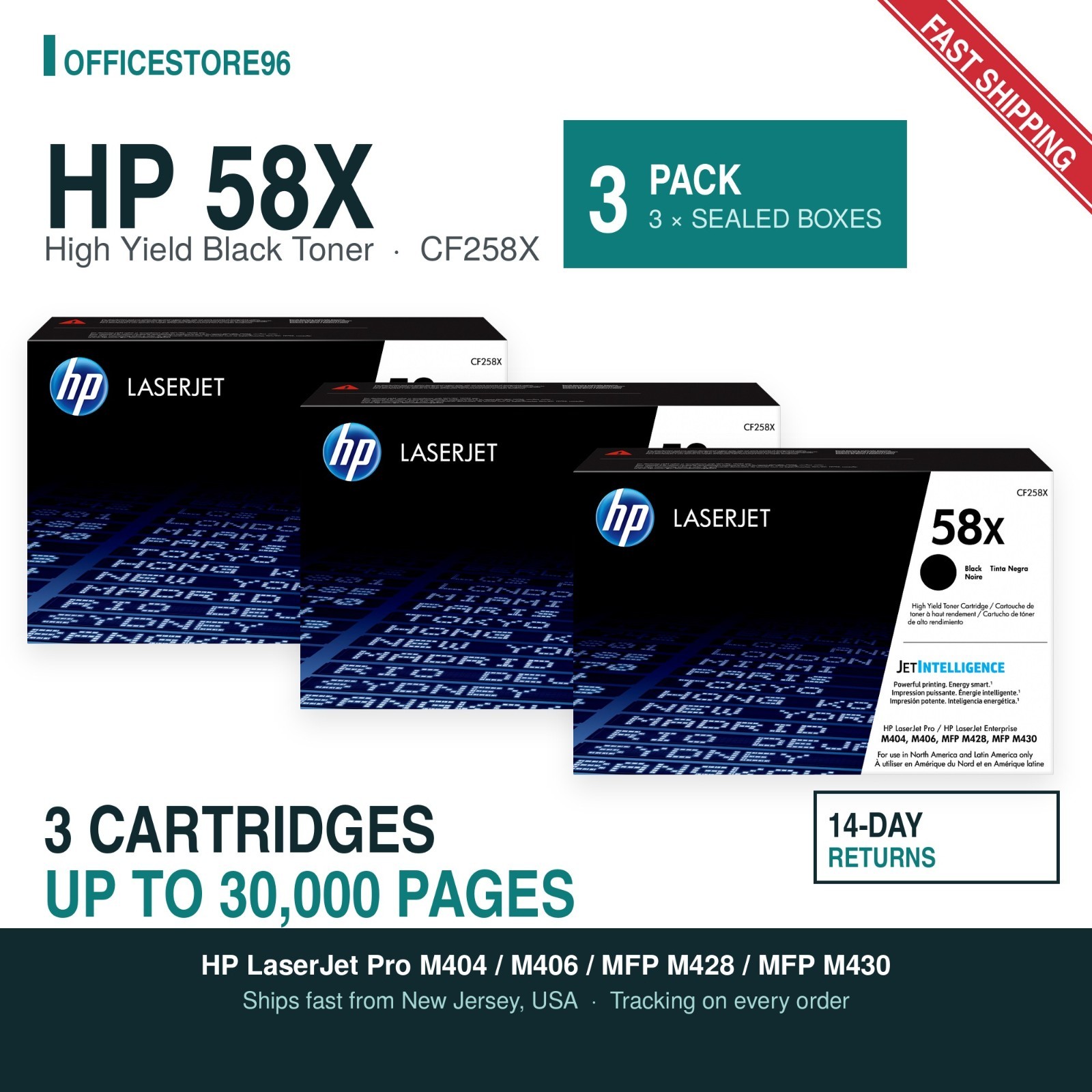 3-Pack Genuine HP 58X High Yield Black Toner CF258X For LaserJet Pro M404 M428