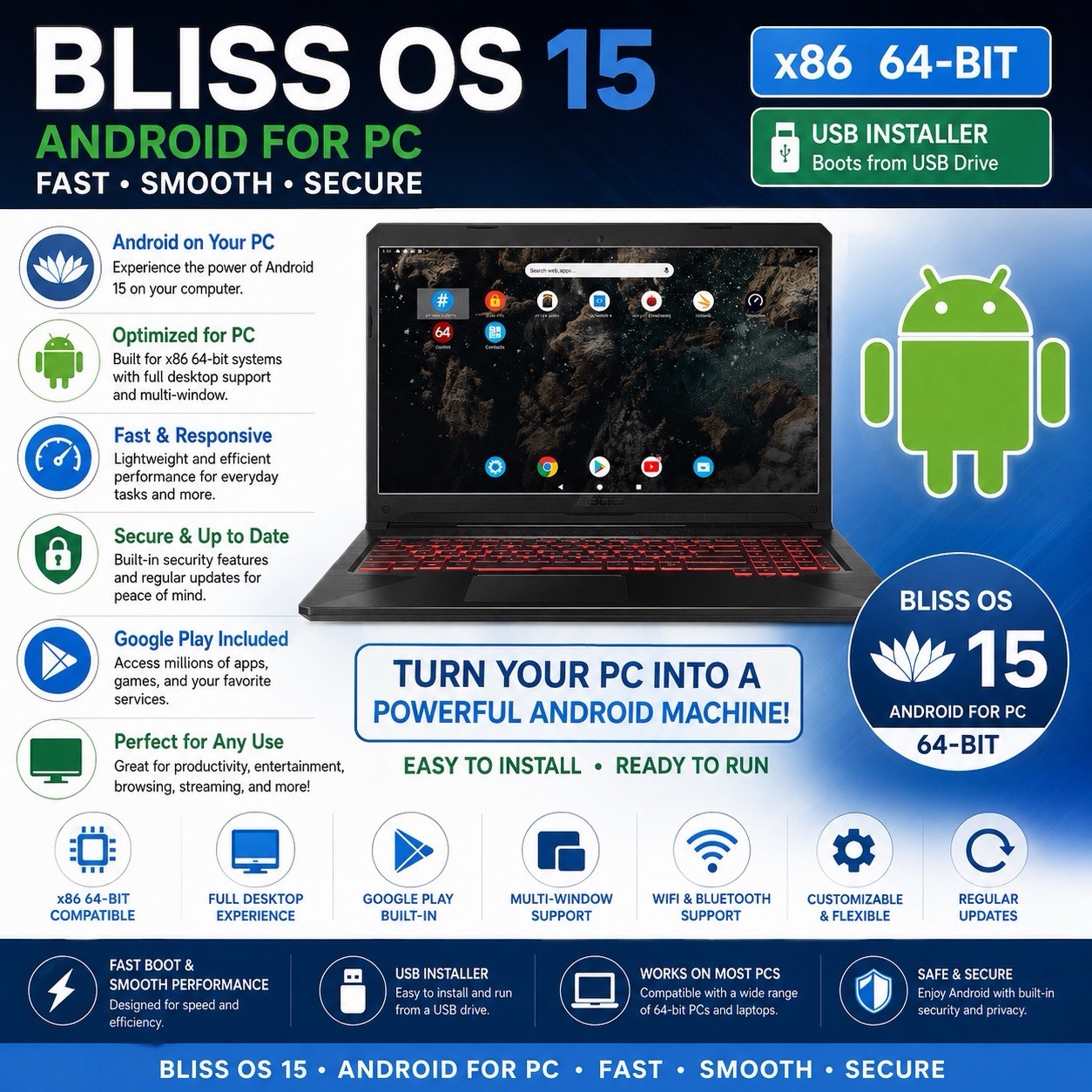 BLISS OS 15 (ANDROID 12L On PC) - Bootable InstallDVD US SELLER ***