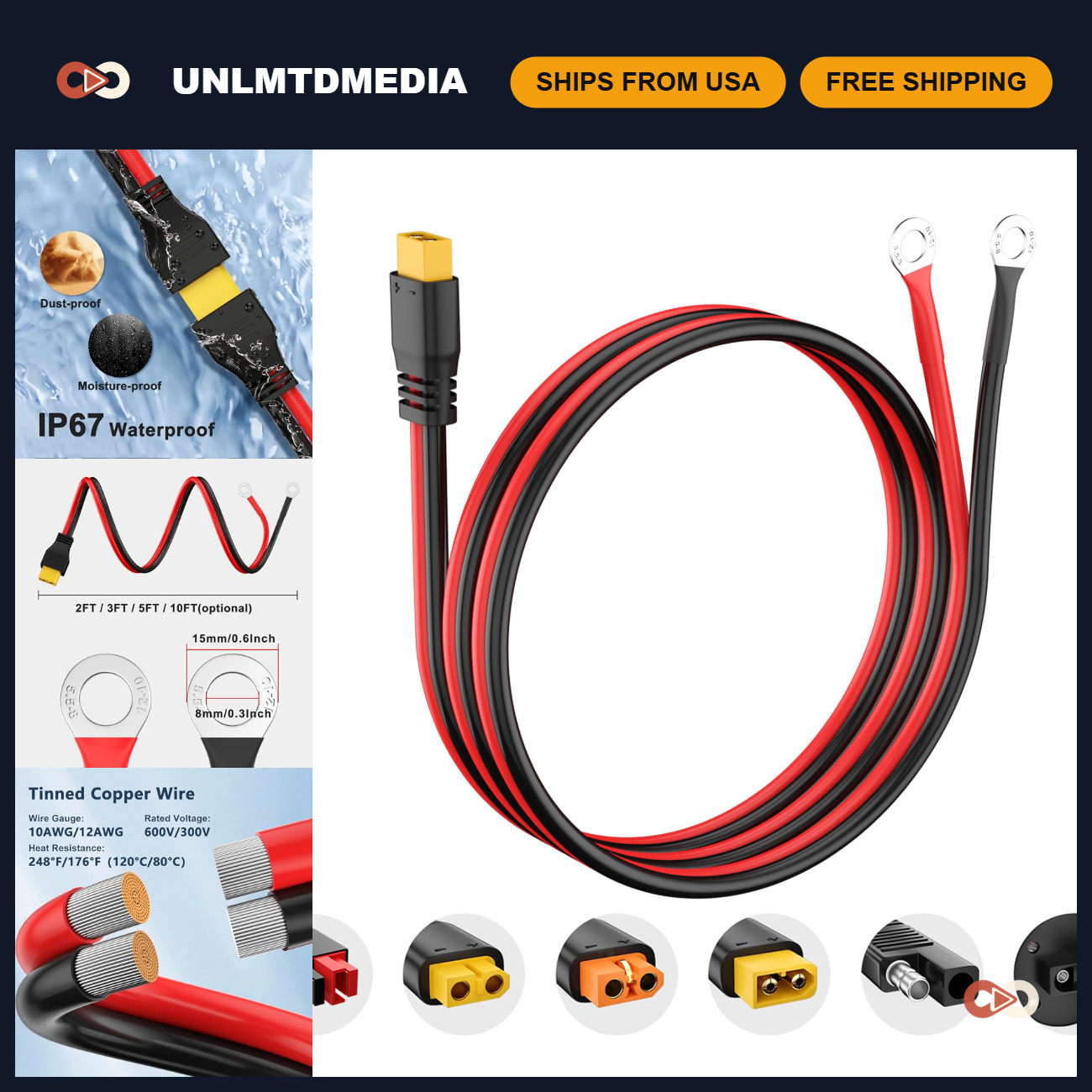 XT60 to O Ring Terminal Cable 12AWG, 5FT Connector for RC Lipo Battery & FPV Dro