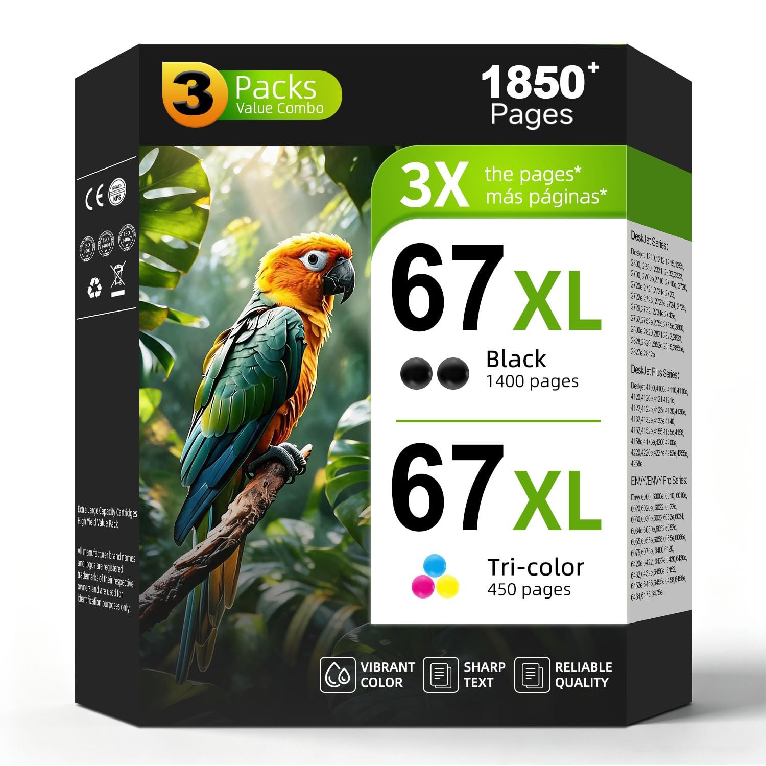 Seecolor 67XL Ink Cartridges 2x Black 1x Color 3-Pack for HP 67XL