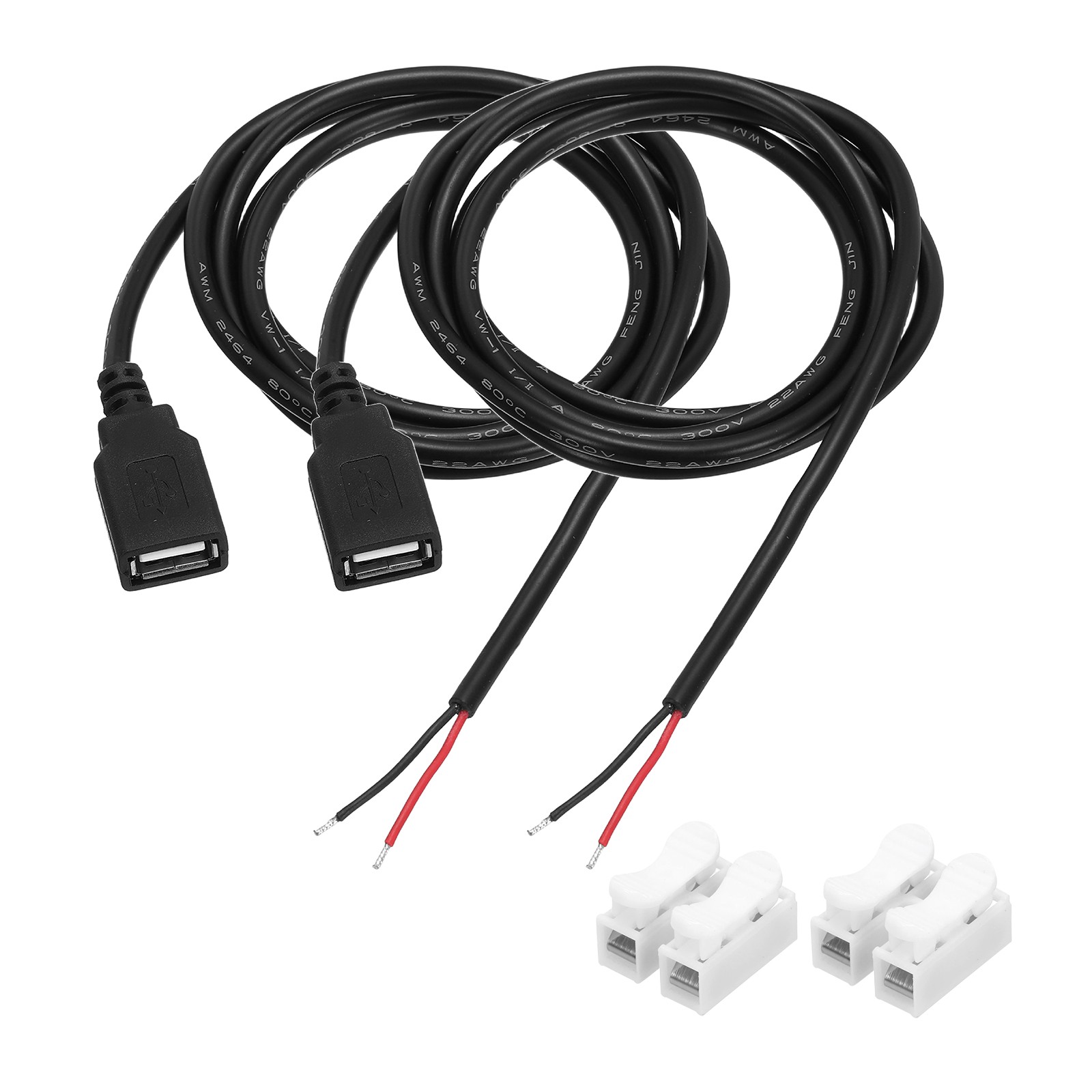 2Pcs USB Plug Pigtail, 1M/3.2FT Female 22 AWG 5V 3A with Wire Connector, Black