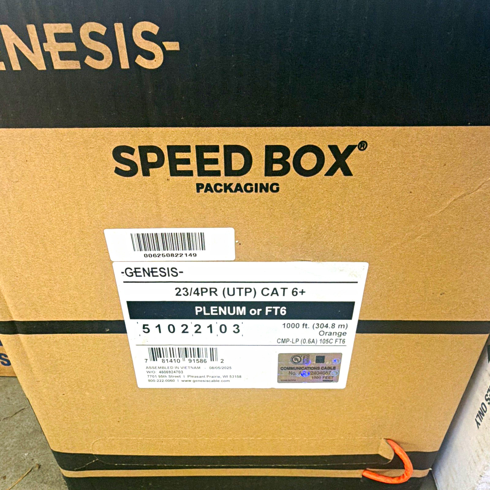 Genesis Cat 6+ UTP Plenum FT6 1000 ft Orange Bulk Ethernet Cable Raw