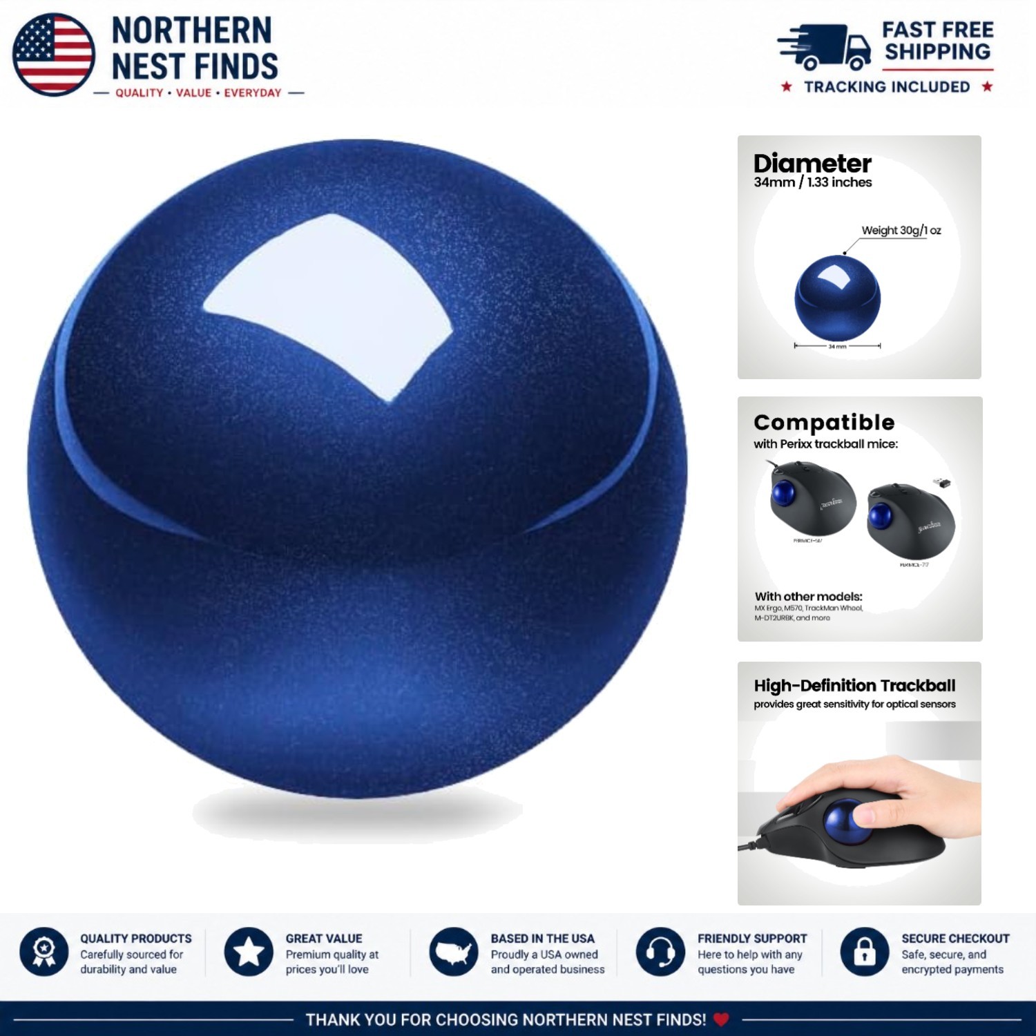 1.34-Inch Glossy Blue Trackball Replacement for Perimice Devices - Waterproof