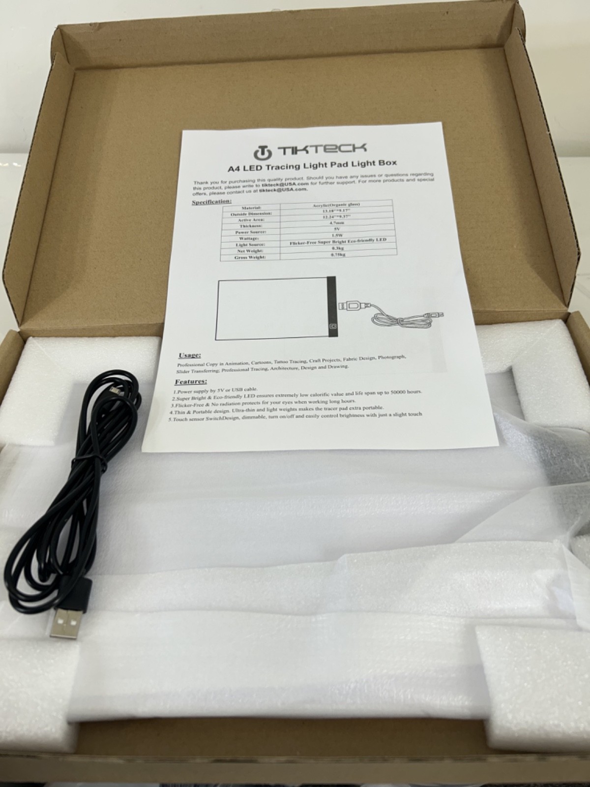 Tikteck A4 Ultra-thin Portable LED Light Box Tracer USB Power Cable Dimmable B18