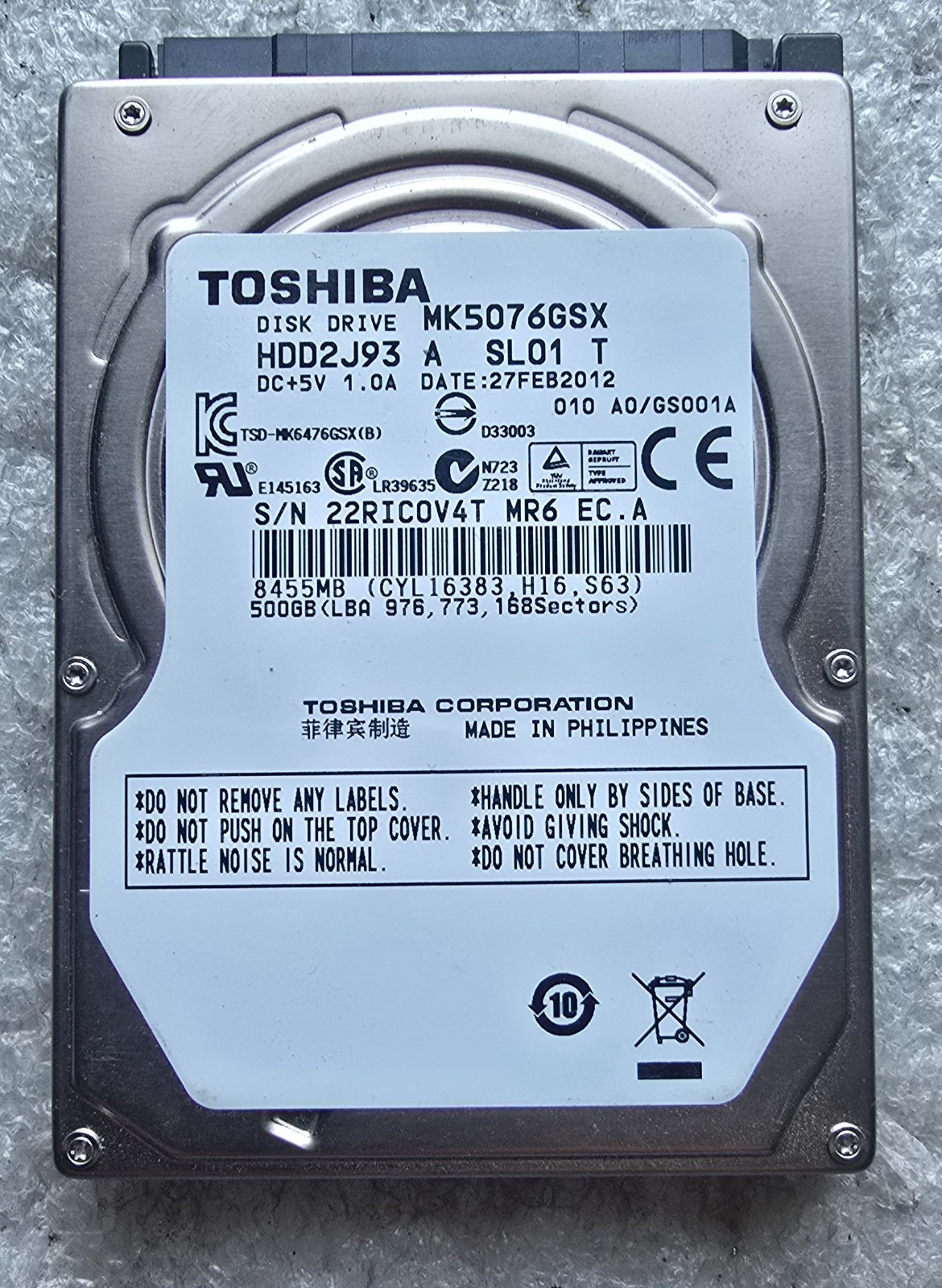 Toshiba MK5076GSX ,HDD2J93 500GB SATA 2.5 HDD, Pre-Owned