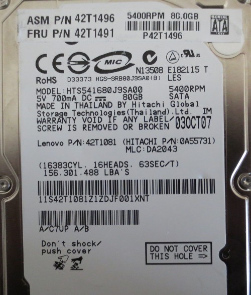 HTS541680J9SA00 PN:0A55731 MLC:DA2043 80gb Sata Laptop Drive