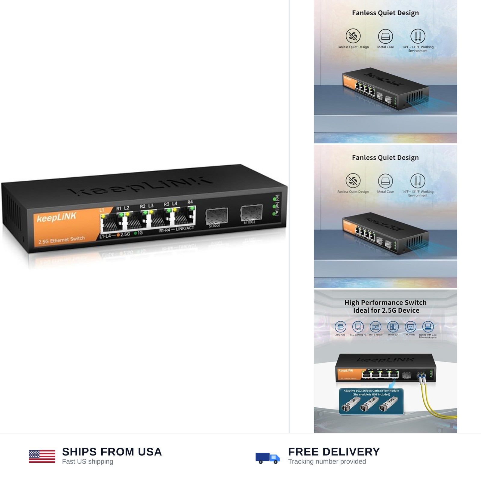 6-Port 2.5G Switch Unmanaged, 4 x 2.5GBASE-T Ports & 2 x 10GBASE-T SFP Slots,...