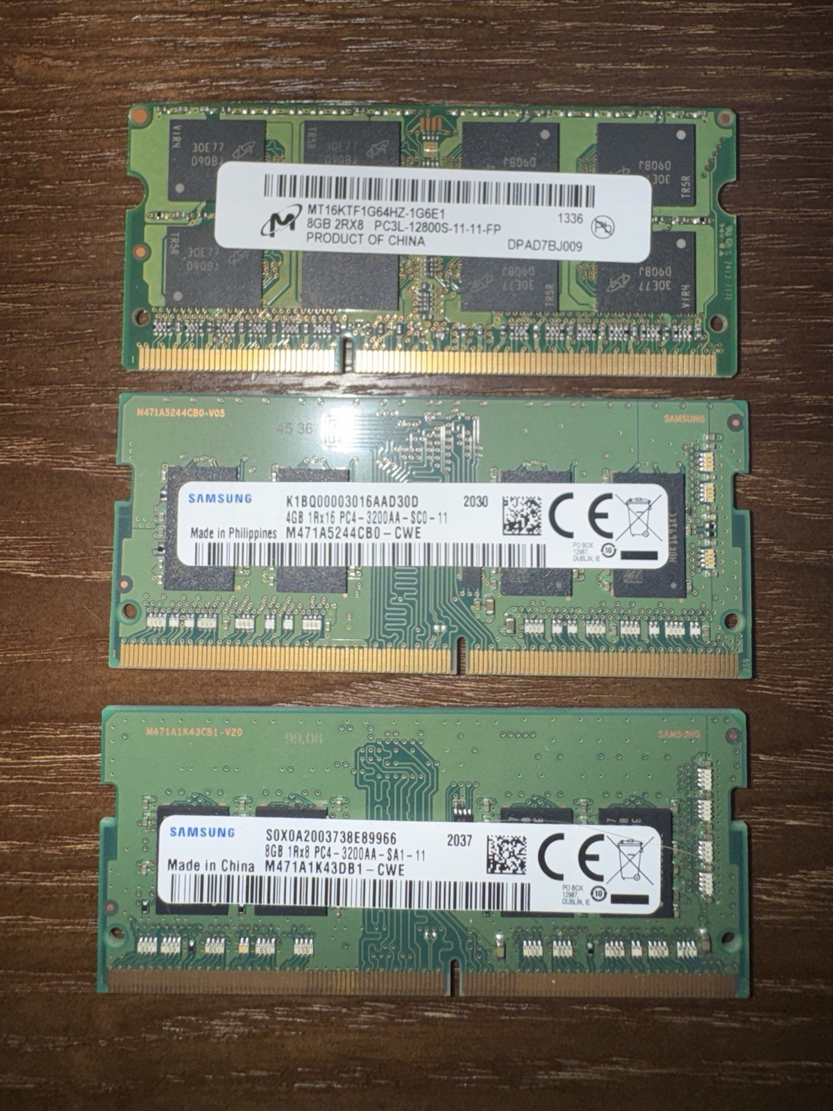 Lot of 3 RAM Sticks - Micron 8GB DDR3L + Samsung 8GB & 4GB DDR4 3200MHz SODIMM