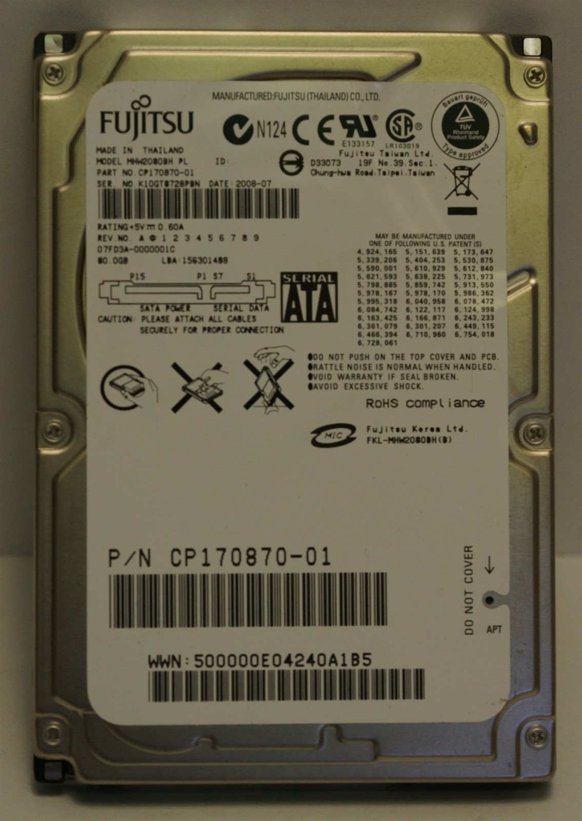 Fujitsu MHW2080BH HDD , 2.5" , 80GB, ATA8-ACS / SATA/150 , tested w/ pics