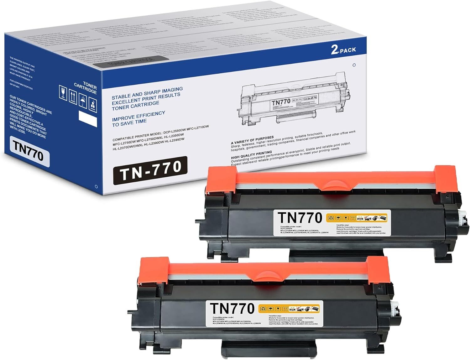 2PK TN-770 TN770 Toner Compatible for Brother HL-L2370DW HL-L2370XL MFC-L2750DW