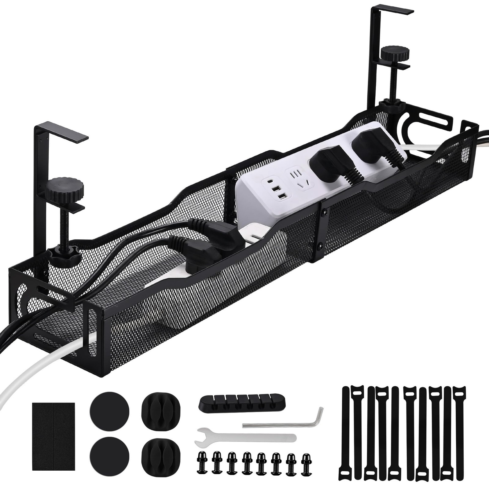 Under Desk Cable Management Tray 25.3 Inch, Clamp-On Cable Organizer for Stan...