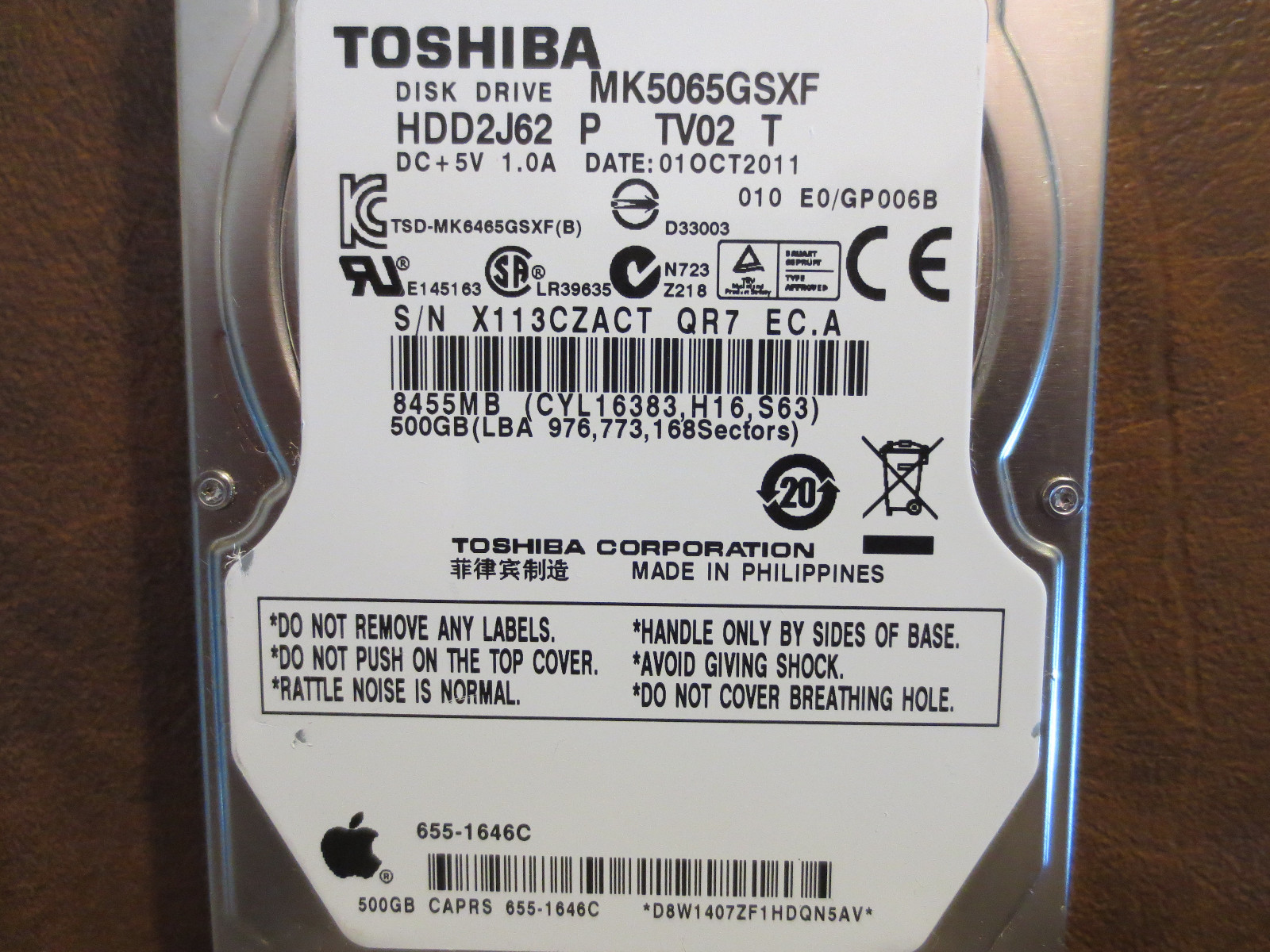 Toshiba MK5065GSXF Apple#655-1646C 500gb Sata