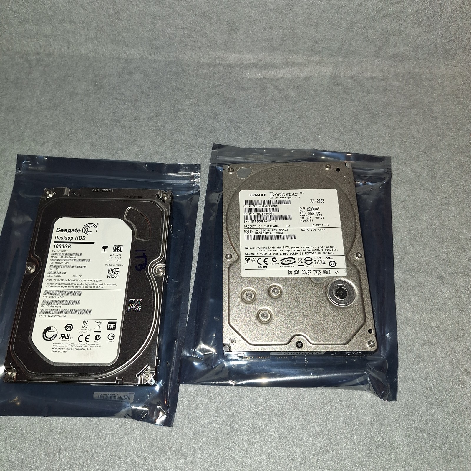 (2) 1 tb Hard Drives 1 Hitachi 1 Seagate Both 3.5 inch Tested & Formatted