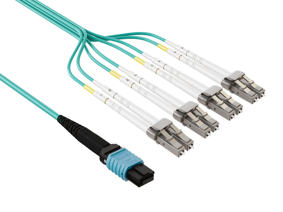 3m MTP MPO to 8x LC Breakout Fiber Cable OM4 Multimode Plenum OFNP Aqua