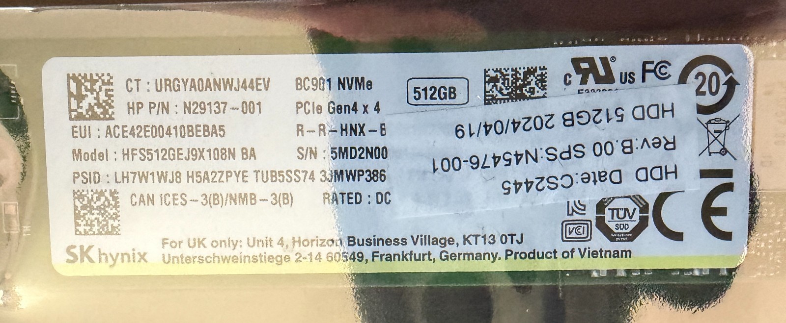 SK Hynix 512GB BC901 M.2 NVMe Gen 4x4 SSD 2280 - HFS512GEJ9X108N (VG)
