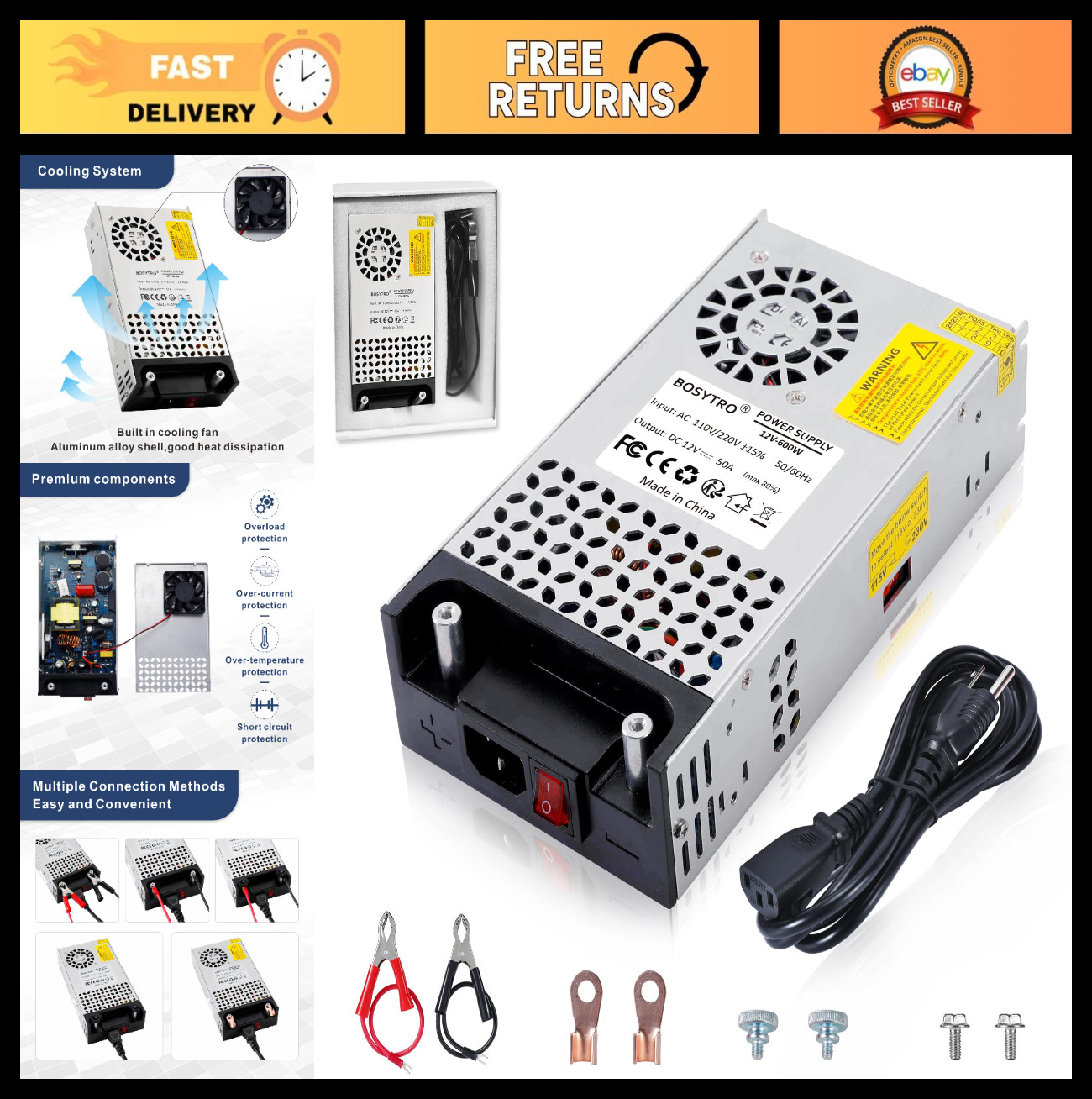 600W 12V DC Power Supply Converter - 50A Switching Transformer for 3D Printer, L