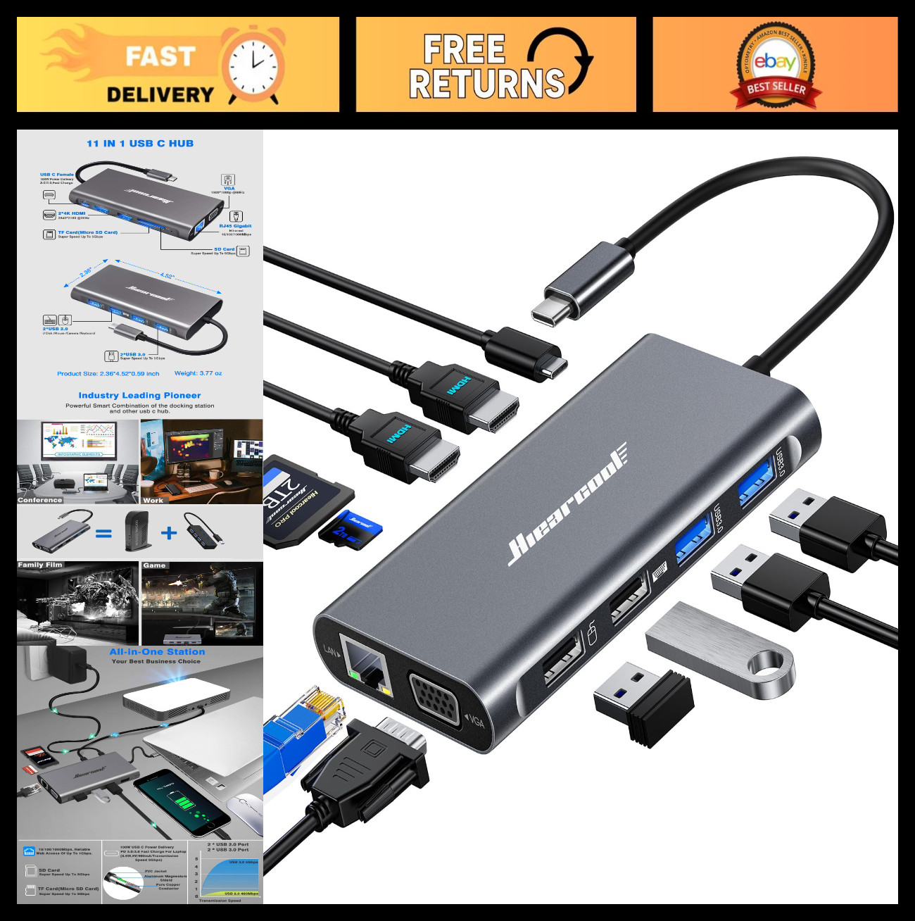 11-in-1 USB-C Docking Station, Triple Display 4K HDMI & VGA, Ethernet, 100W Char