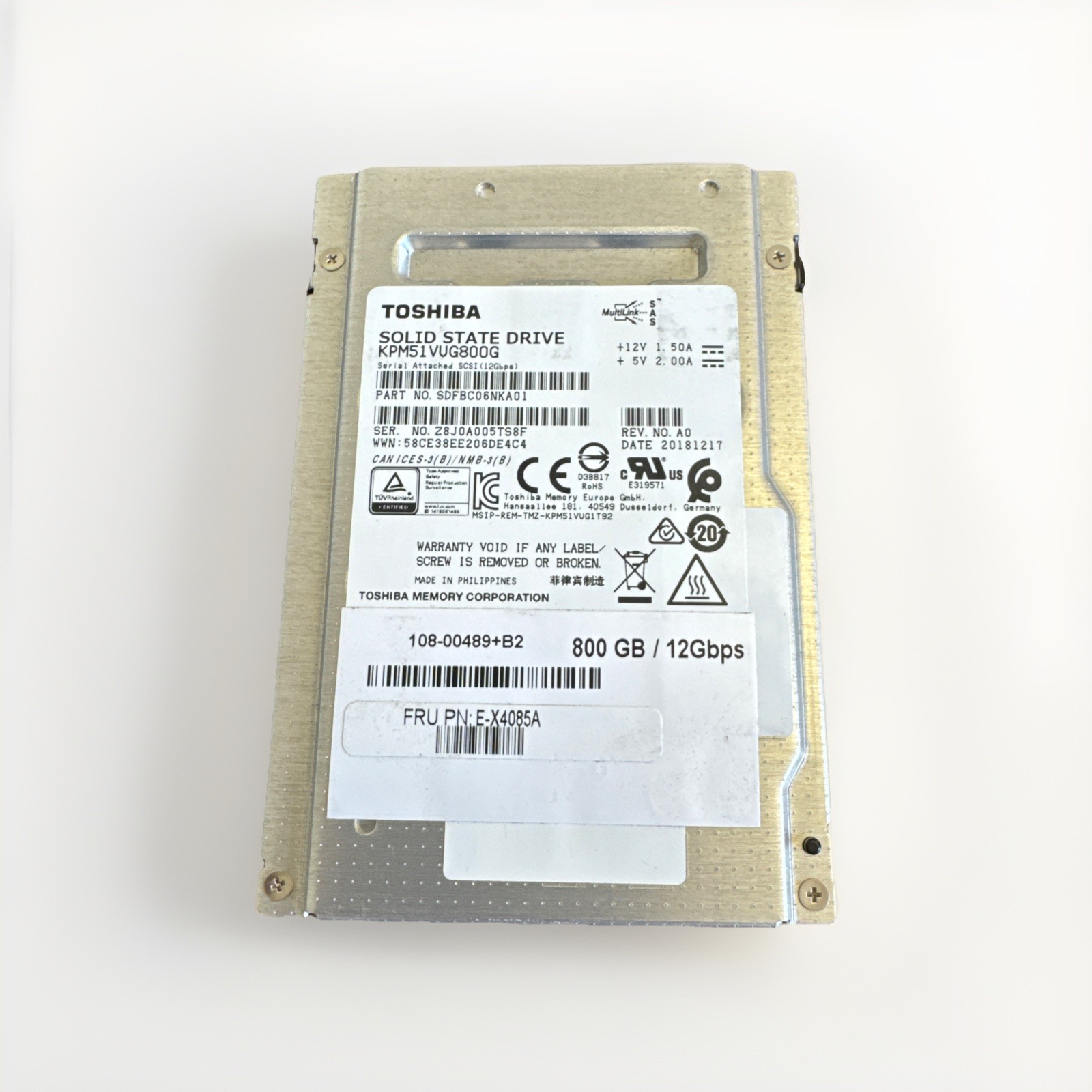 Toshiba Kioxia 800GB SAS KPM51VUG800G (3DWPD) 12Gb/s SSD 512 Format