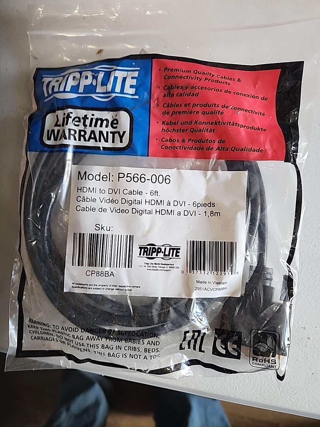 HDMI to DVI 6ft Cable High Quality TRIPPLITE P566-006.