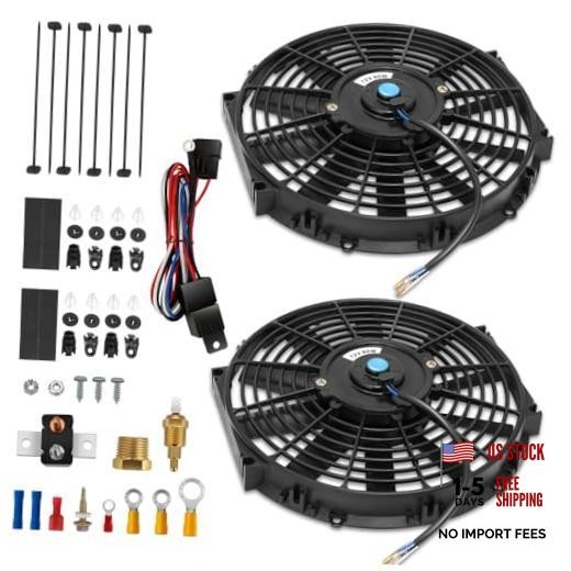 12" Dual Electric Radiator 12 Inch w/Thermostat Wiring Switch Relay Kit Black