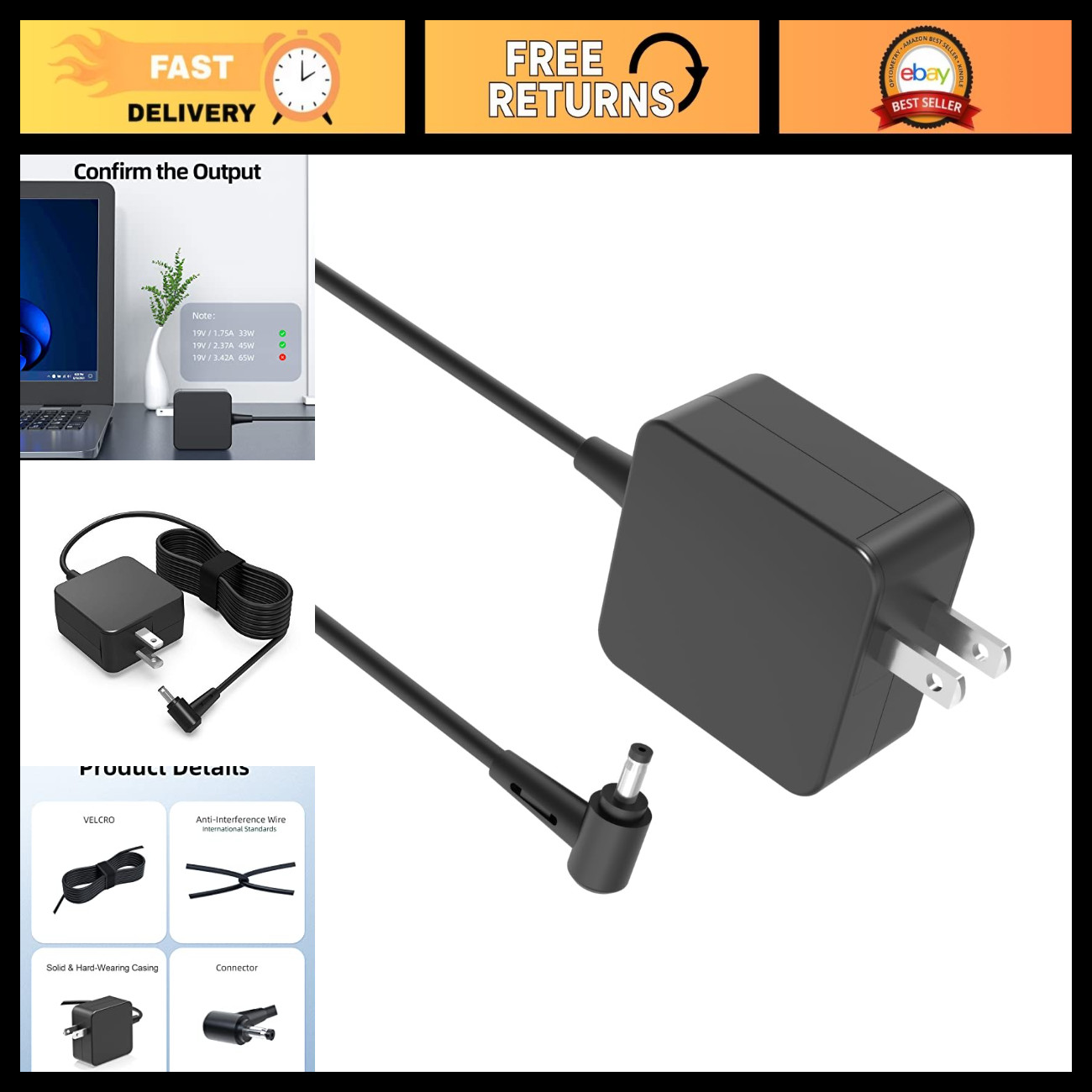45W 33W AC Laptop Charger for Asus Q505 - Fast Charging, Lightweight, Portable
