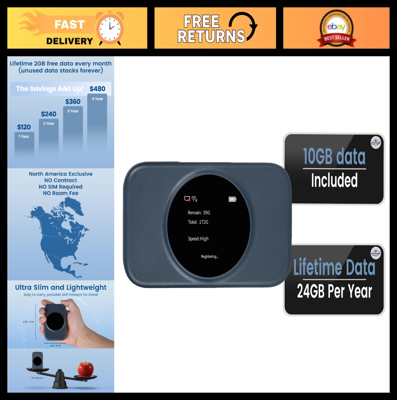 Portable WiFi Hotspot - 10GB Free USA Data, No SIM Card, 4G LTE Travel Router, C