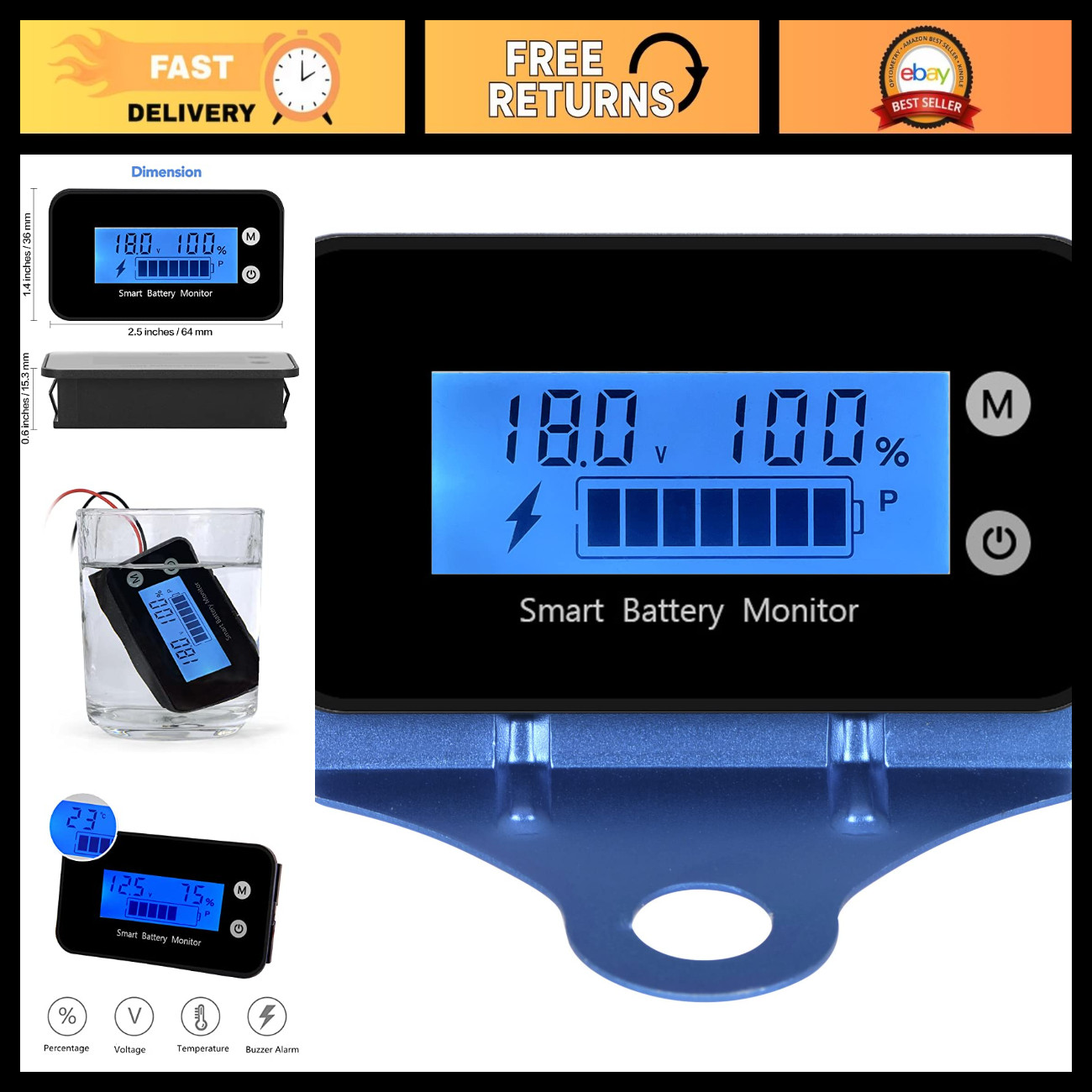 IPX7 Waterproof Monitor 7-100V with Bracket, Buzzer Alarm & Temperature Display