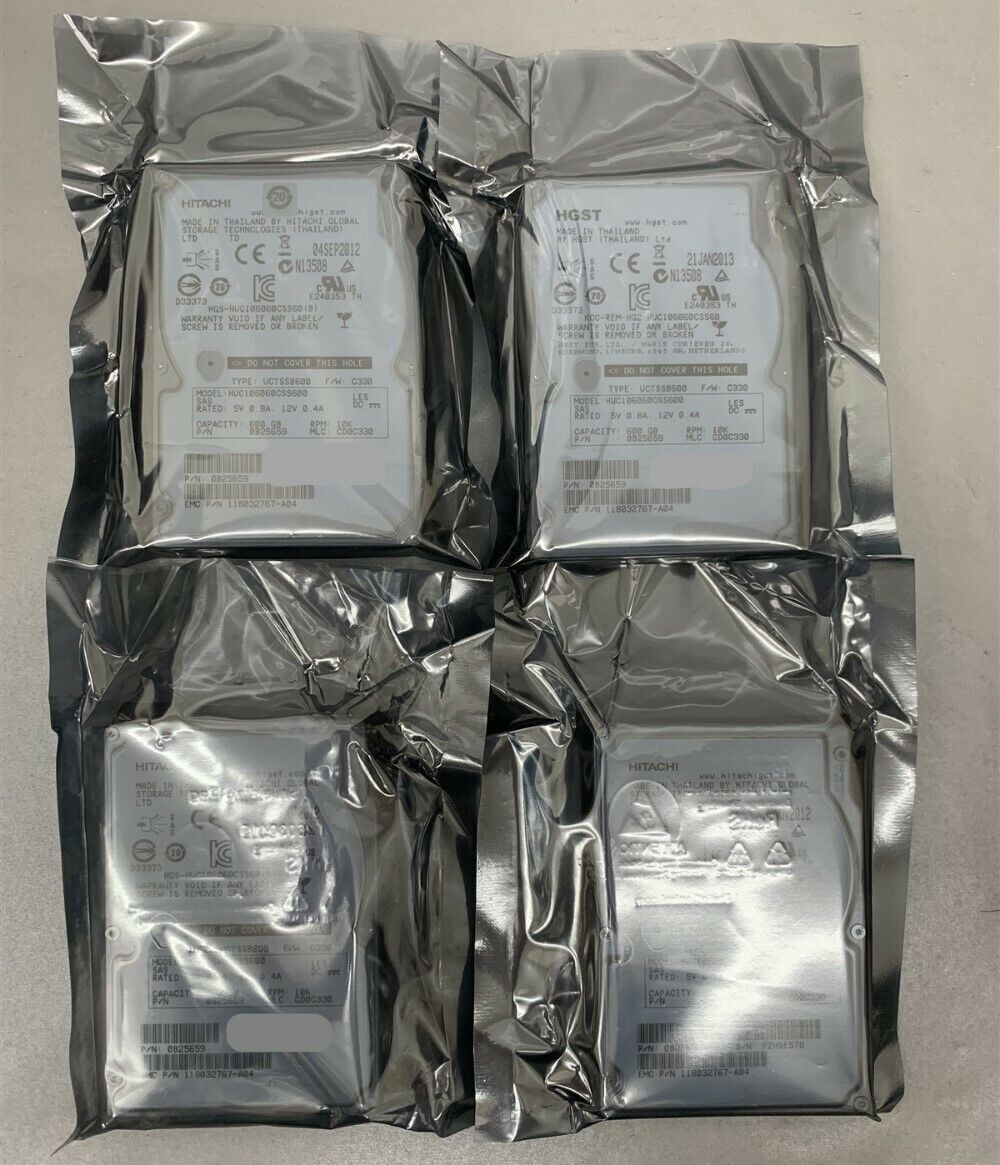 QTY: 4 Hitachi HUC106060CSS600, 600GB 10K SAS 2.5" 6Gb/s Server HDD, 0B25659
