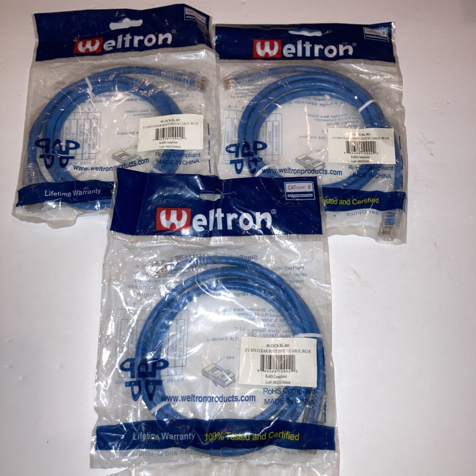 3-Qty Weltron Cat 6 Patch Cable 90-C6CB-BL-005 Blue 5 FT Clear Boot Gold RJ-45