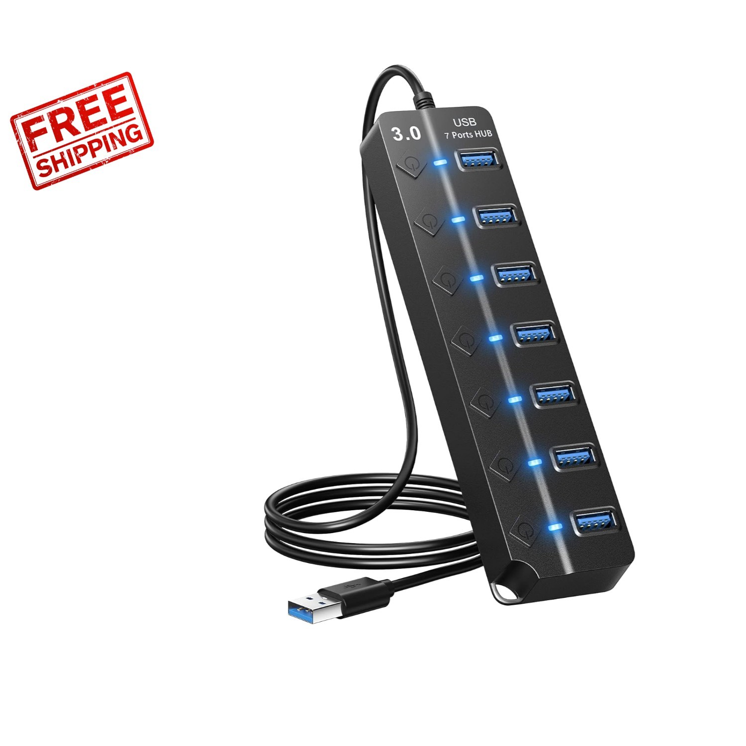 Versatile 7-Port USB 3.0 Hub with On/Off Switches - Compact Design for Travel