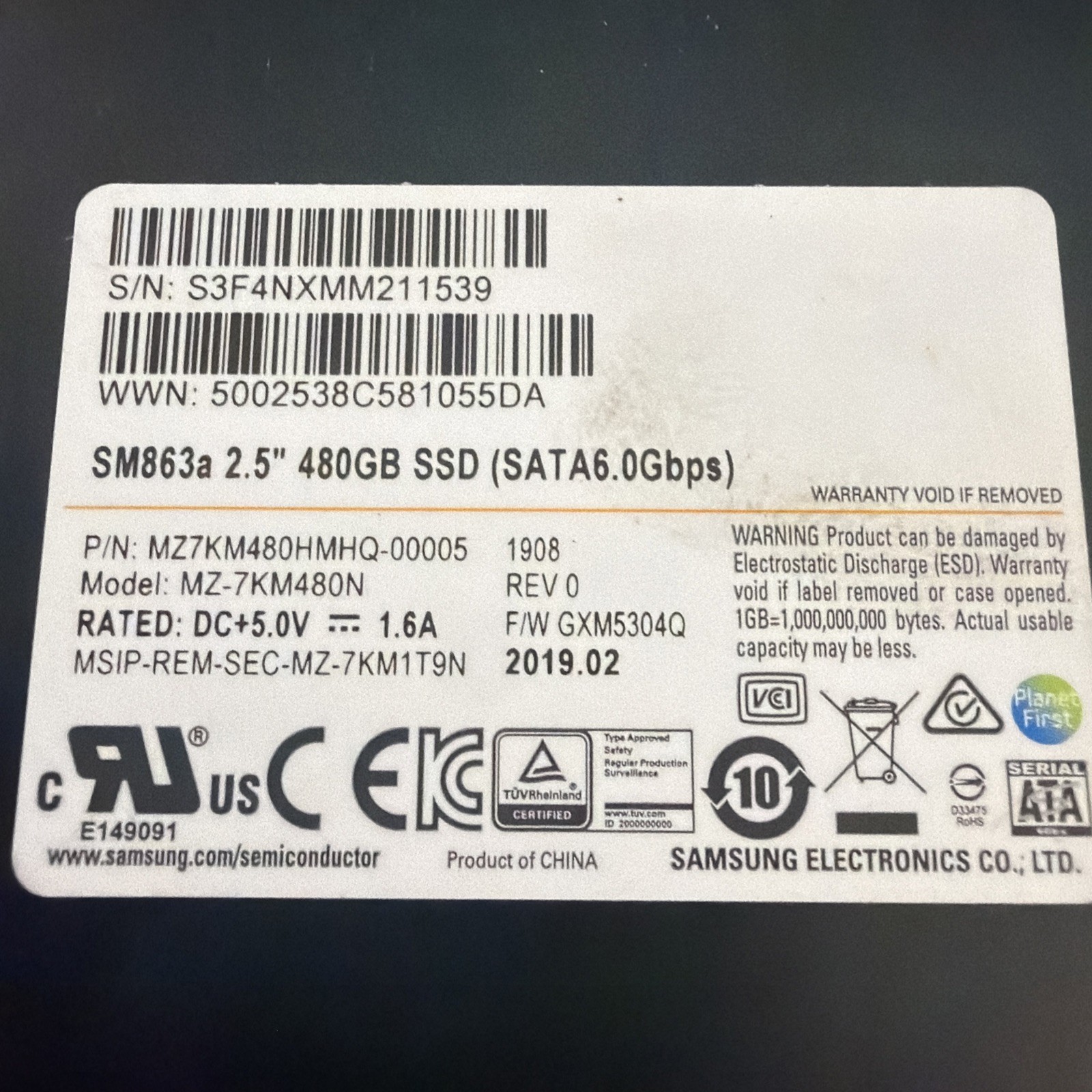 SAMSUNG SM863a MZ7KH480HMHQ-00005 480GB 2.5 SATA SSD  90% health
