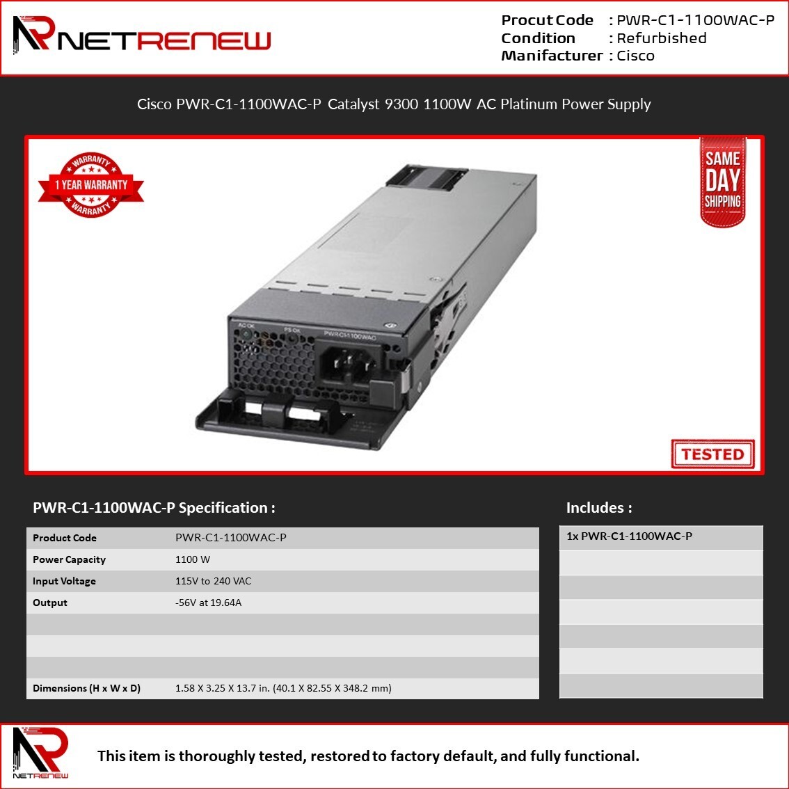 Cisco PWR-C1-1100WAC-P Catalyst 9300 1100W AC Platinum Power Supply