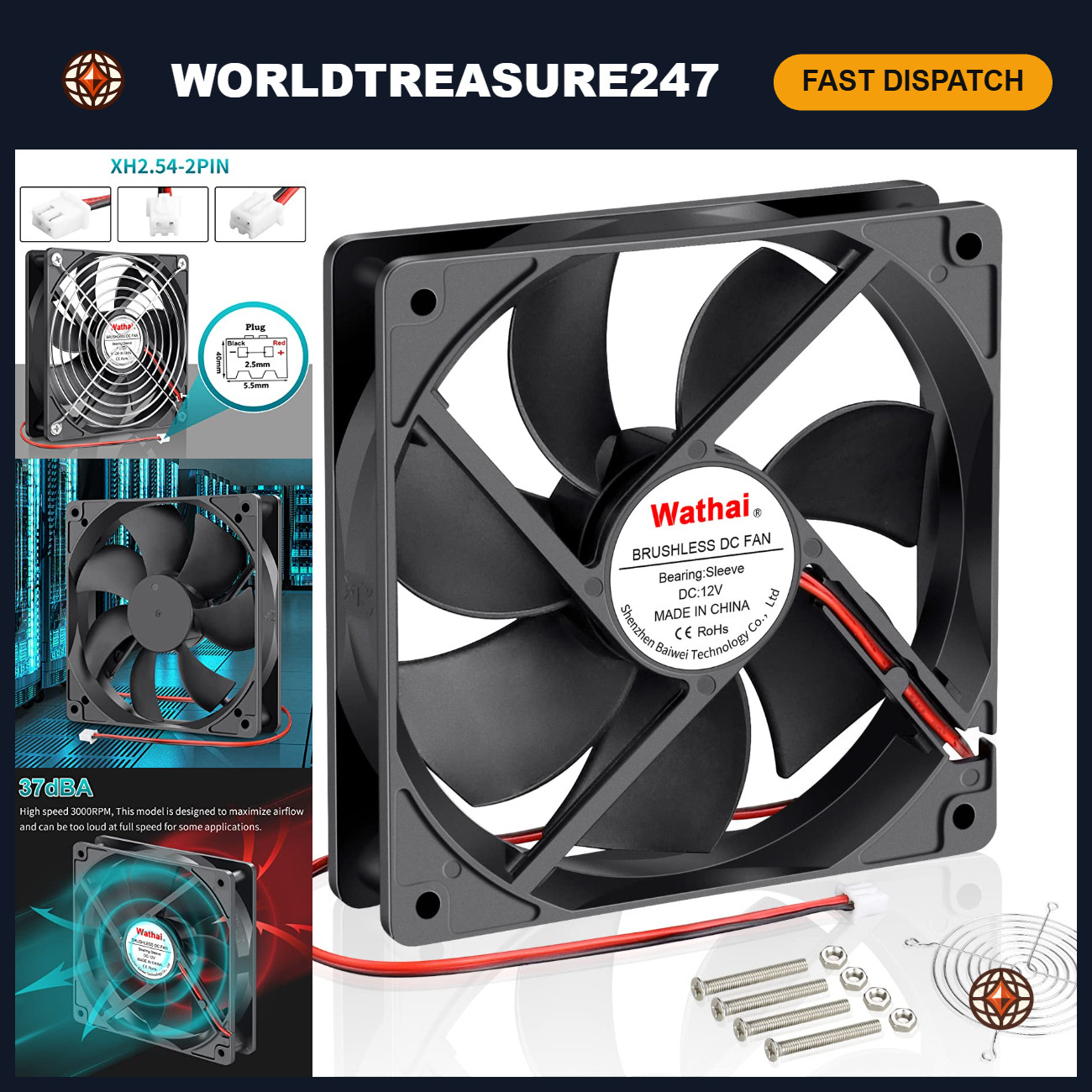 120mm 12V DC Brushless Cooling Fan - 0.45A, 2-Pin, Quiet, High Airflow, 120x120x