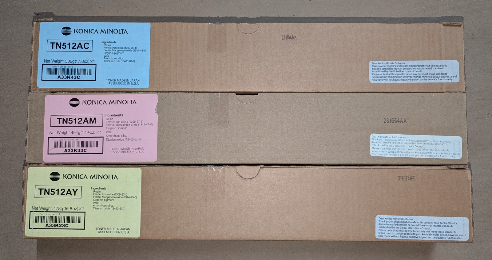 Genuine Set of 3 Konica Minolta TN512A A33K43C/33C/23C CMY Toners Bizhub C454/e