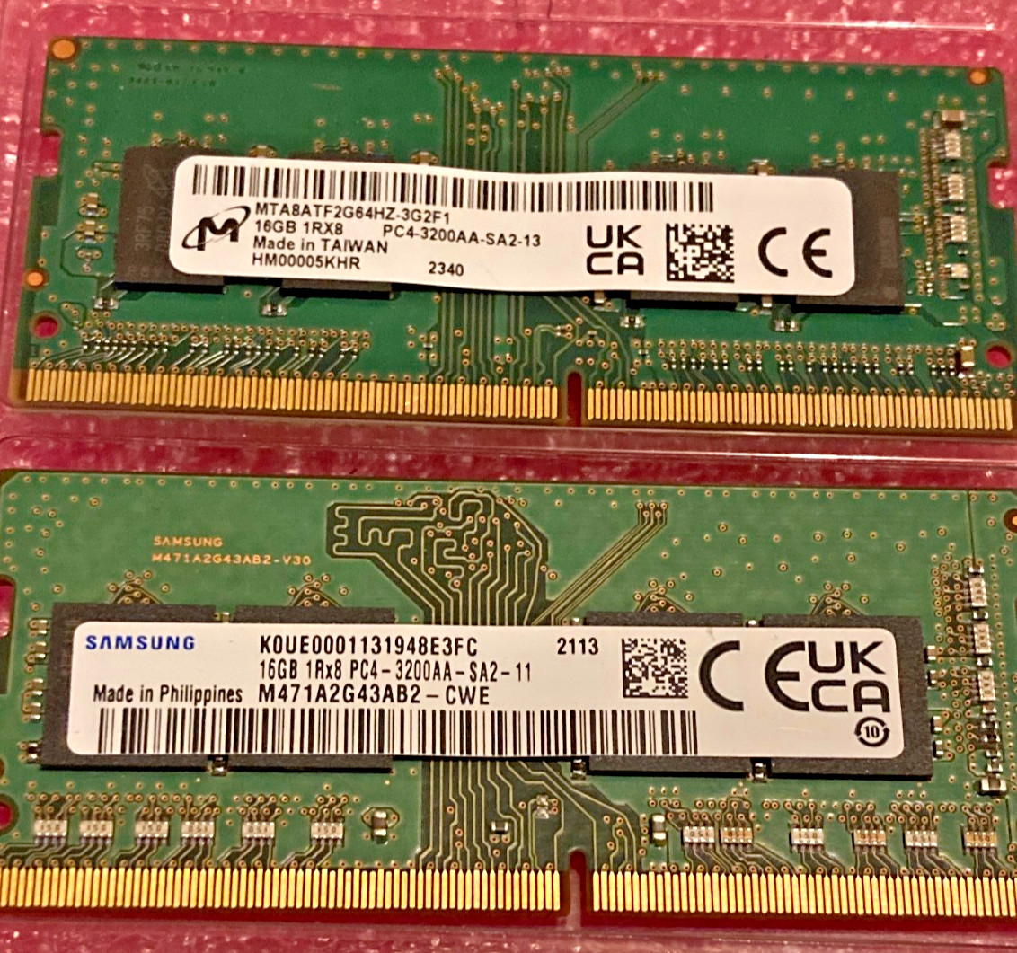 Lot Of 2 - 16GB 3200MHZ DDR4 SODIMM - Mixed; Micron(1), Samsung(1)
