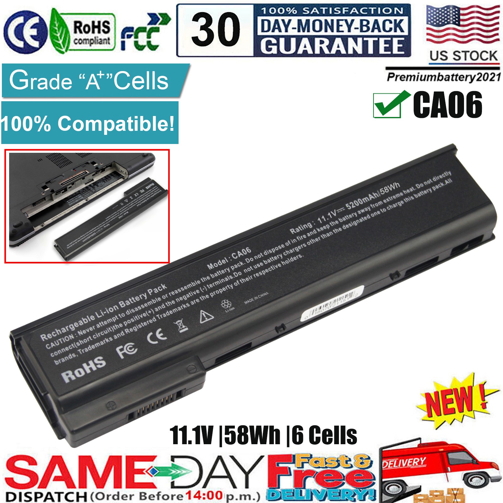 ✅ CA06XL Battery For HP ProBook 640 645 650 655 G0 G1 718677-421 HSTNN-LB4X PC