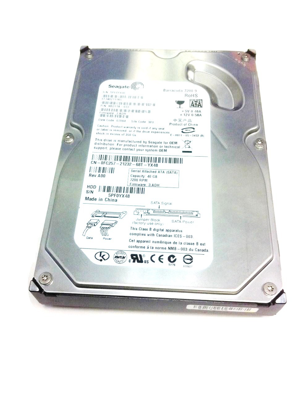 Dell 5H329 hard drive - 40GB SATA 3.5 inch 7200 RPM Tested Working