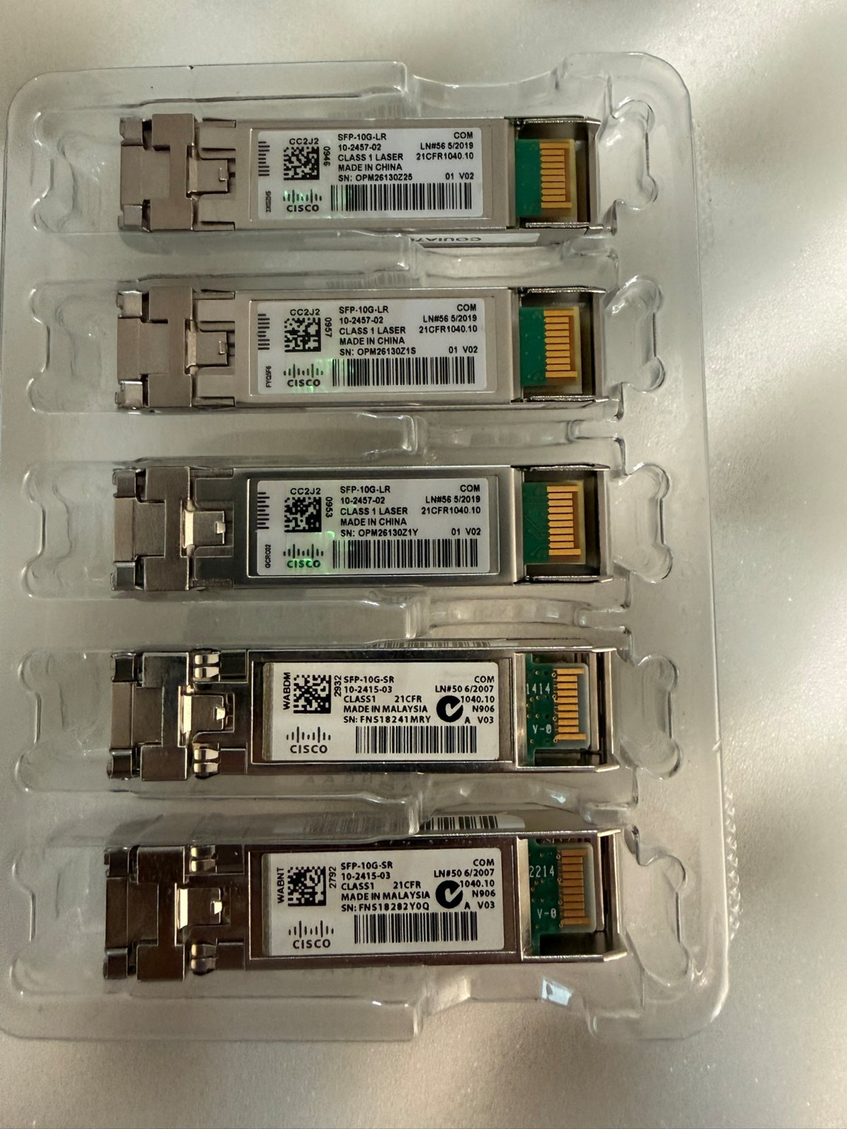 5 Genuine Cisco 10Gb SFP+ Transceivers - 3x SFP-10G-LR & 2x SFP-10G-SR OEM