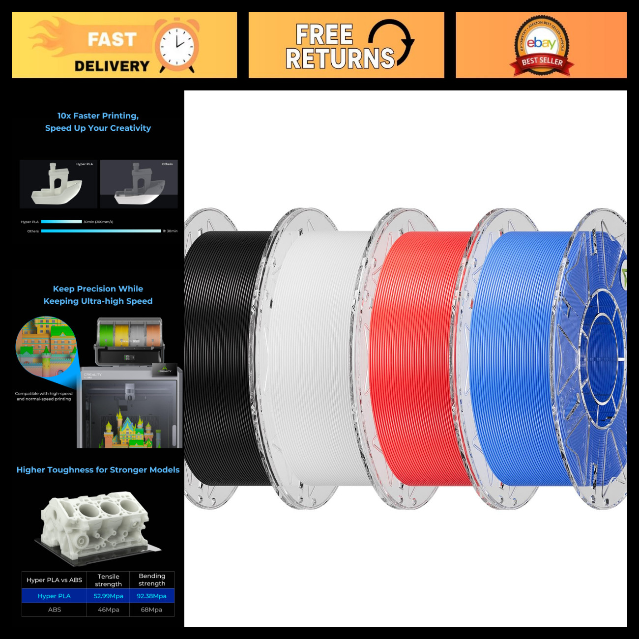 4KG PLA Filament 4-Pack - Black, White, Red & Blue - High-Quality 3D Printing Ma