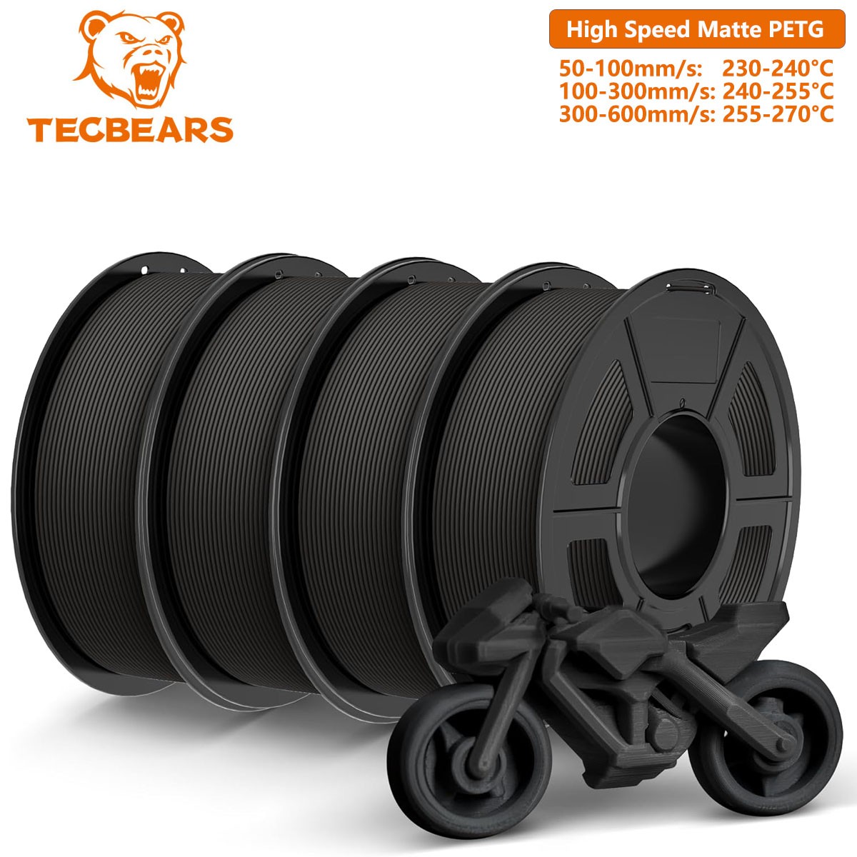 TECBEARS 4KG PETG Fast-Print Matte 3D Filament 50-600mm/s Neat Winding Black