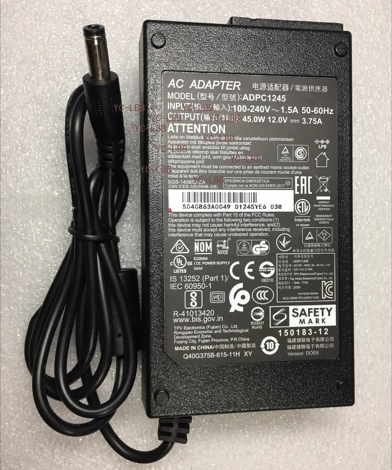 New Original AOC ADPC1245 12V 2.37A AC/DC Adapter&Cord for AOC LCD-LED Monitor
