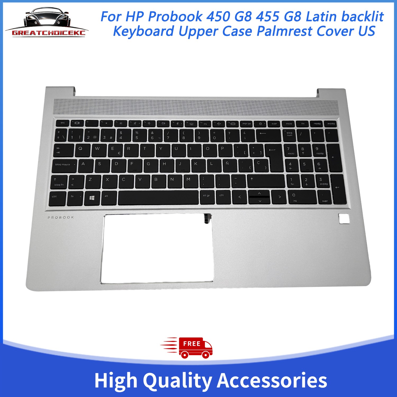 For HP Probook 450 G8 455 G8 Spanish backlit Keyboard Upper Case Palmrest Cover