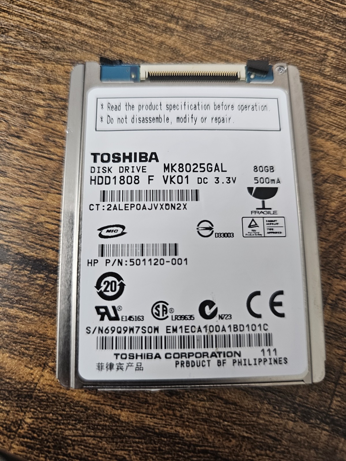 Toshiba MK8025GAL 80GB 1.8" ZIF PATA HDD HP Mini 501120-001 Tested Working
